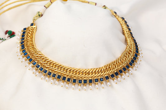 Reversible Shell Pearls Handmade Jalebi Necklace  - Blue  (103-94)