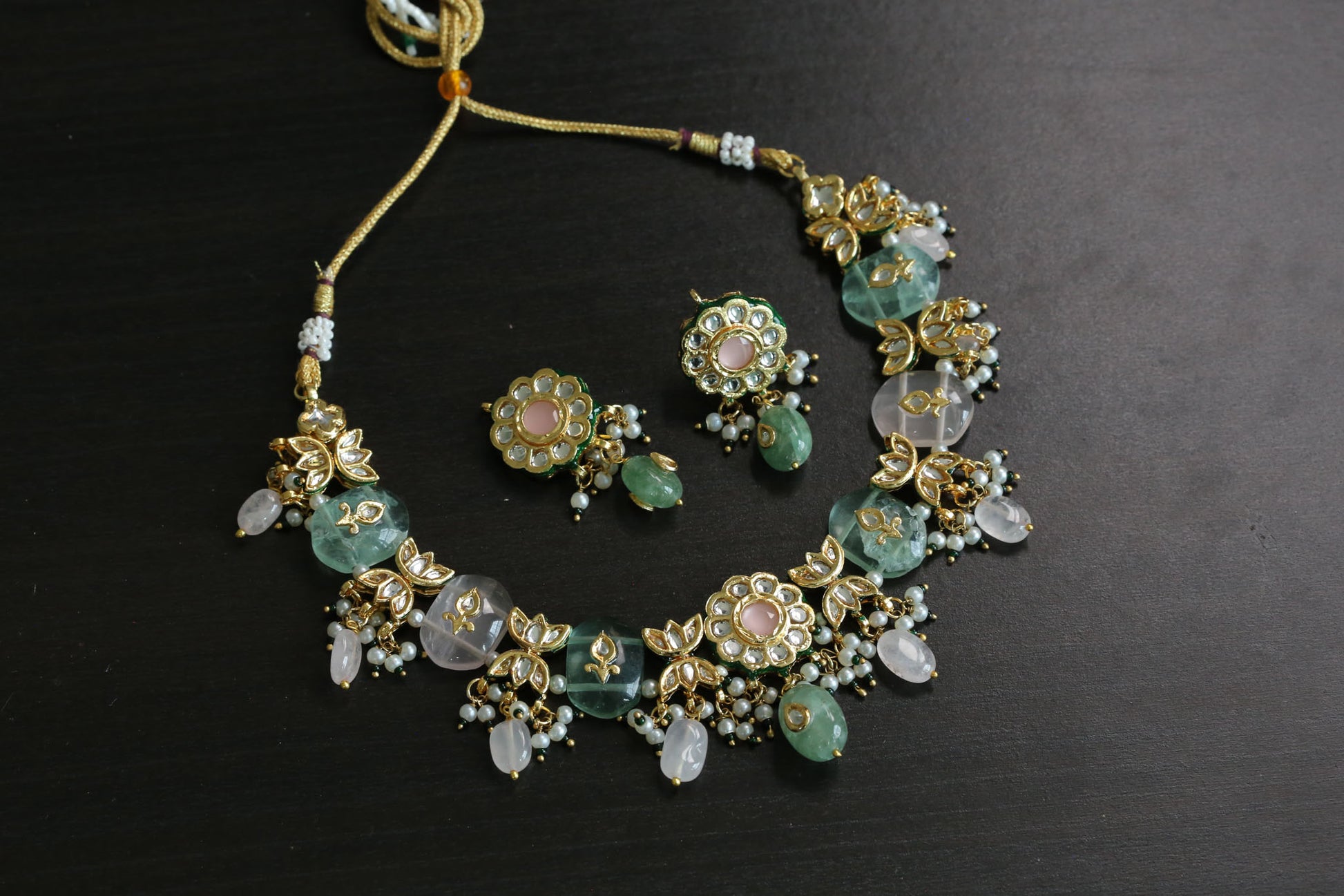 Meerut Kundan Inlay Work Necklace Set - Rose Quartz & Fluorite
