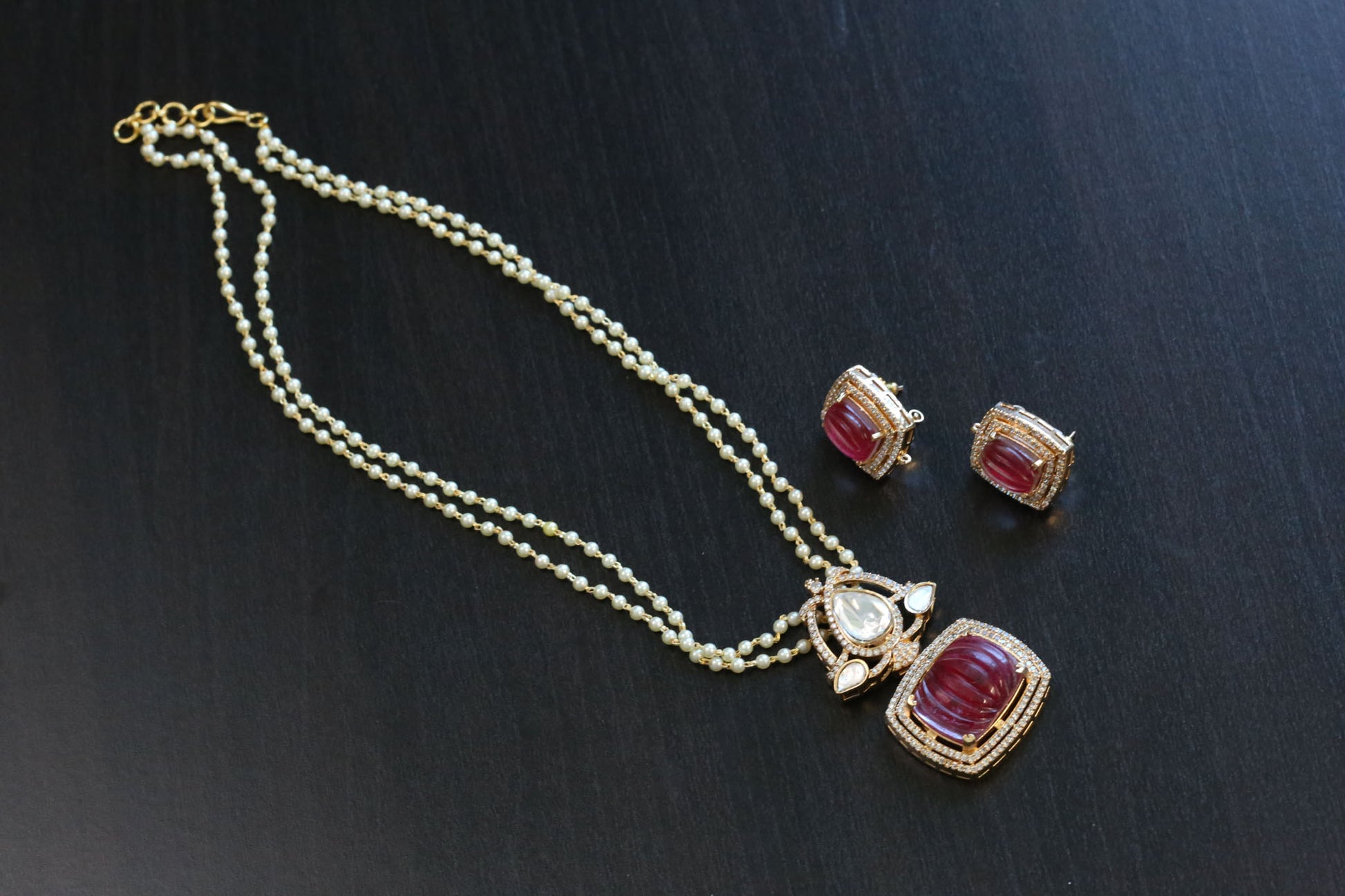 Carved Stone Polki Kundan Necklace Set - Red