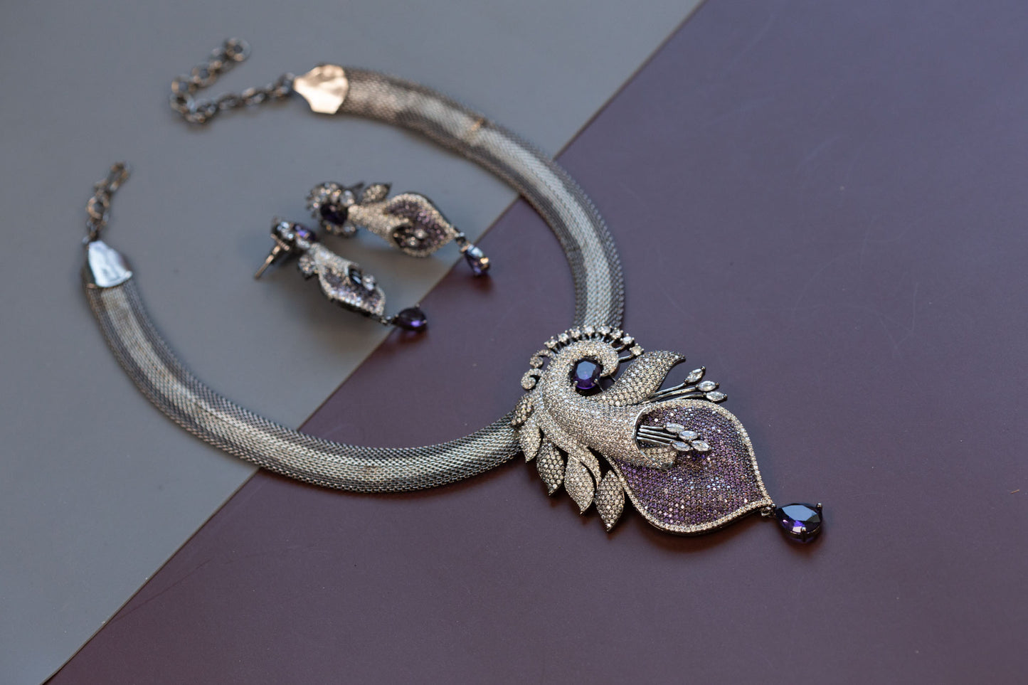 Victorian Black Polish & Micro CZ Necklace Set - Purple
