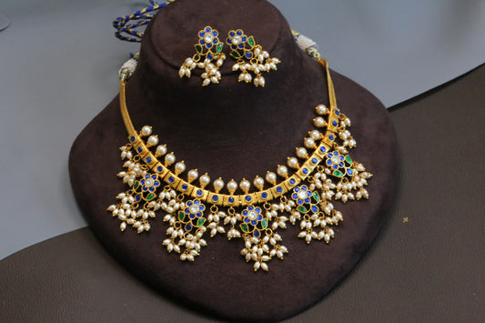 Jadau Kundan Guttapusalu Necklace Set - Blue Green