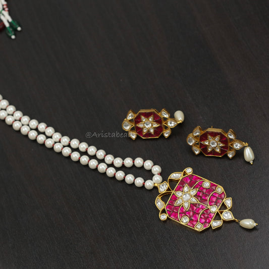 Jadau Takkar Kundan Work Necklace Set (104-15) - Ruby Pink