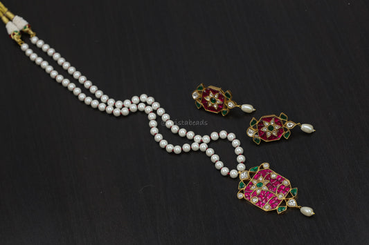 Jadau Takkar Kundan Work Necklace Set (104-16) - Ruby Green
