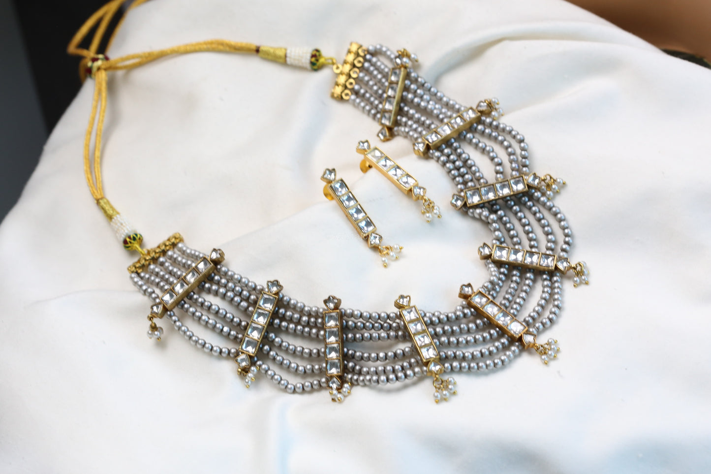 Vintage Look 6 Line Gray Pearls & Jadau Kundan Set