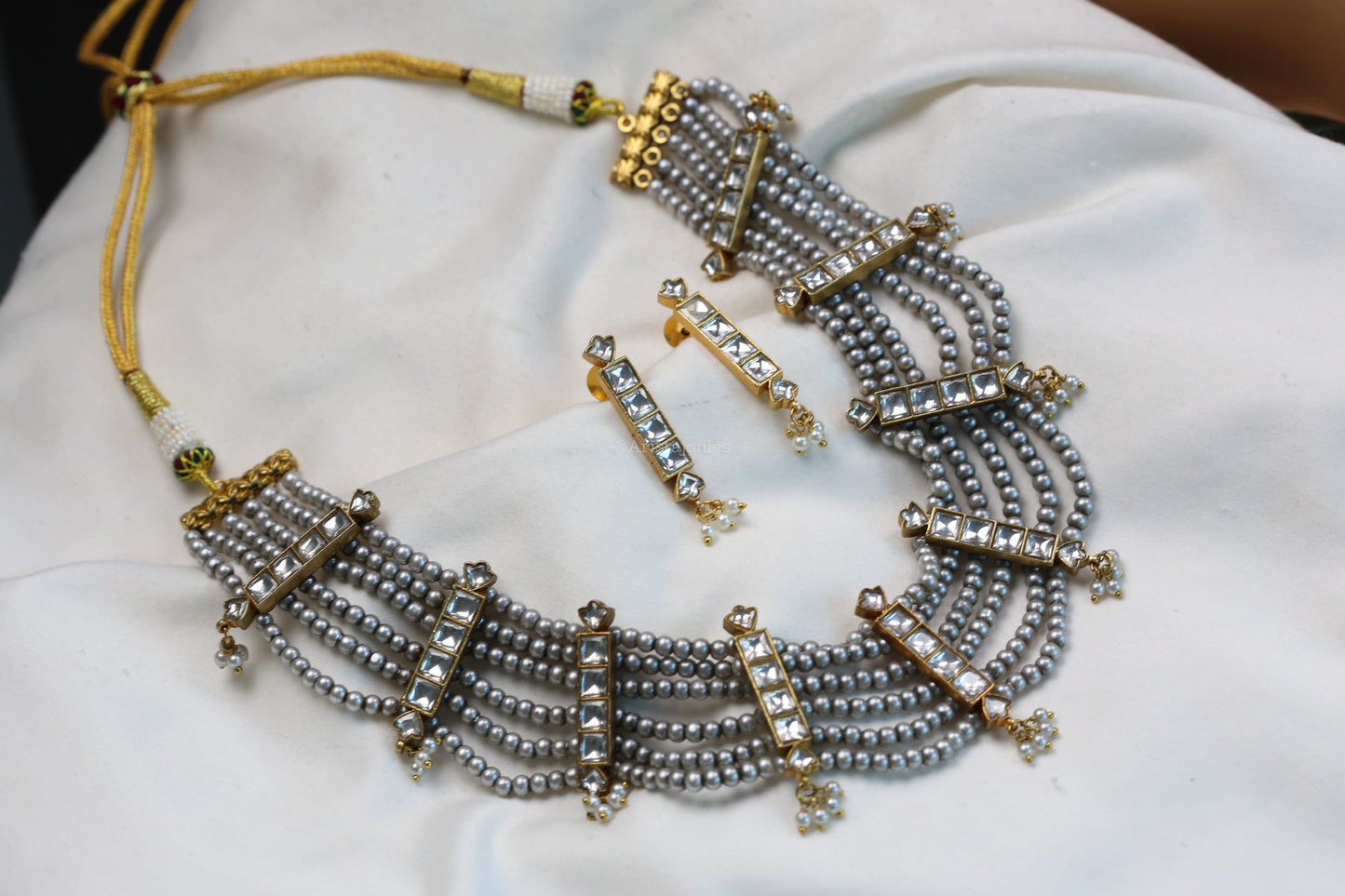 Vintage Look 6 Line Gray Pearls & Jadau Kundan Set