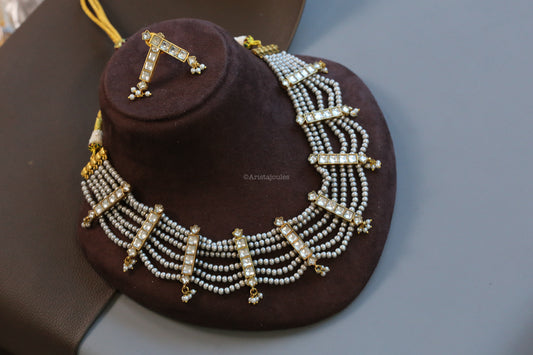 Vintage Look 6 Line Gray Pearls & Jadau Kundan Set