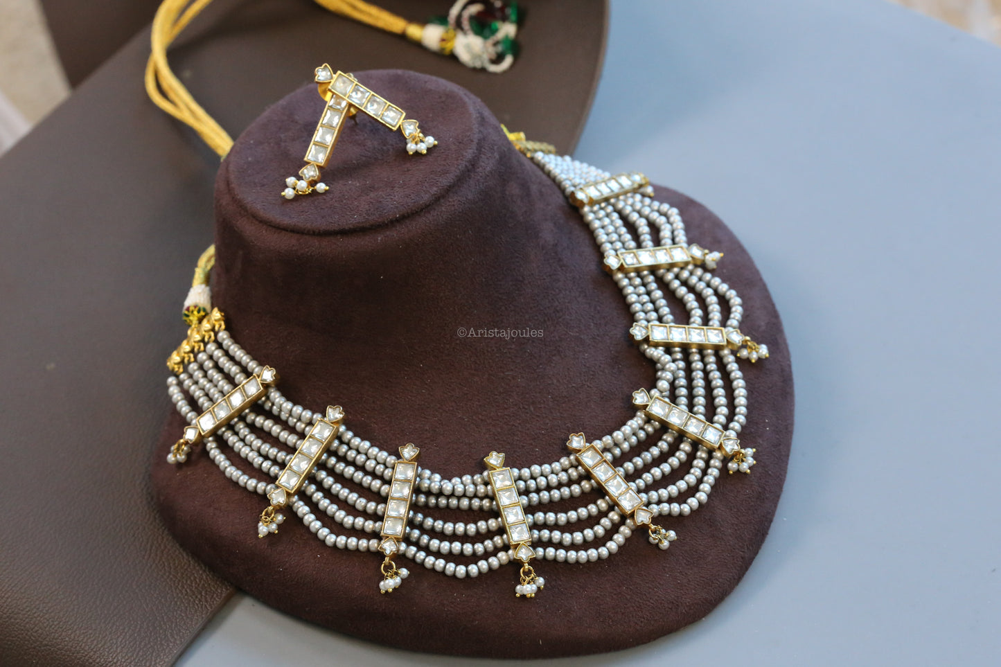 Vintage Look 6 Line Gray Pearls & Jadau Kundan Set