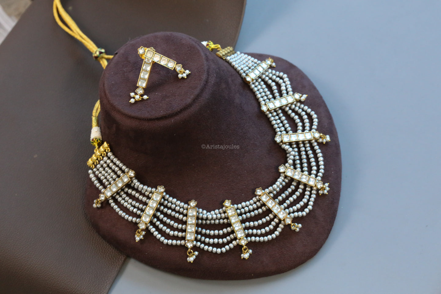 Vintage Look 6 Line Gray Pearls & Jadau Kundan Set