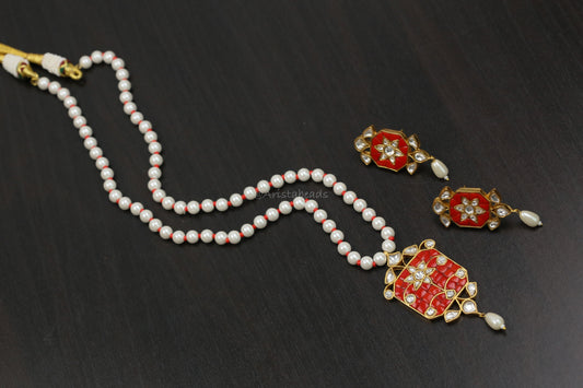 Jadau Takkar Kundan Work Necklace Set (104-17)- Coral