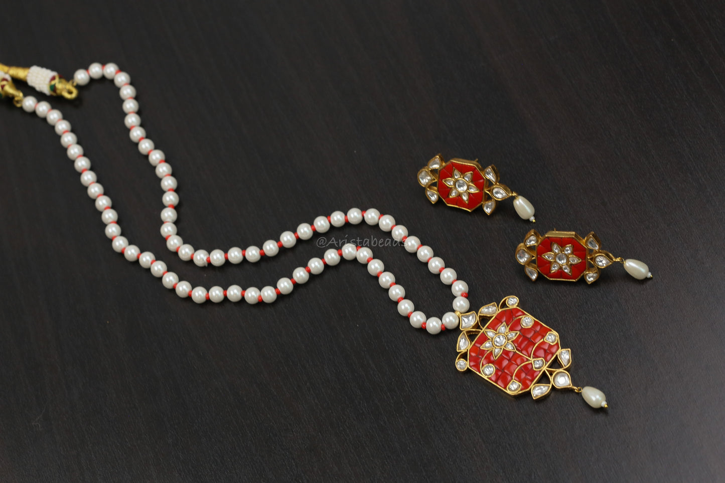 Jadau Takkar Kundan Work Necklace Set (104-17)- Coral