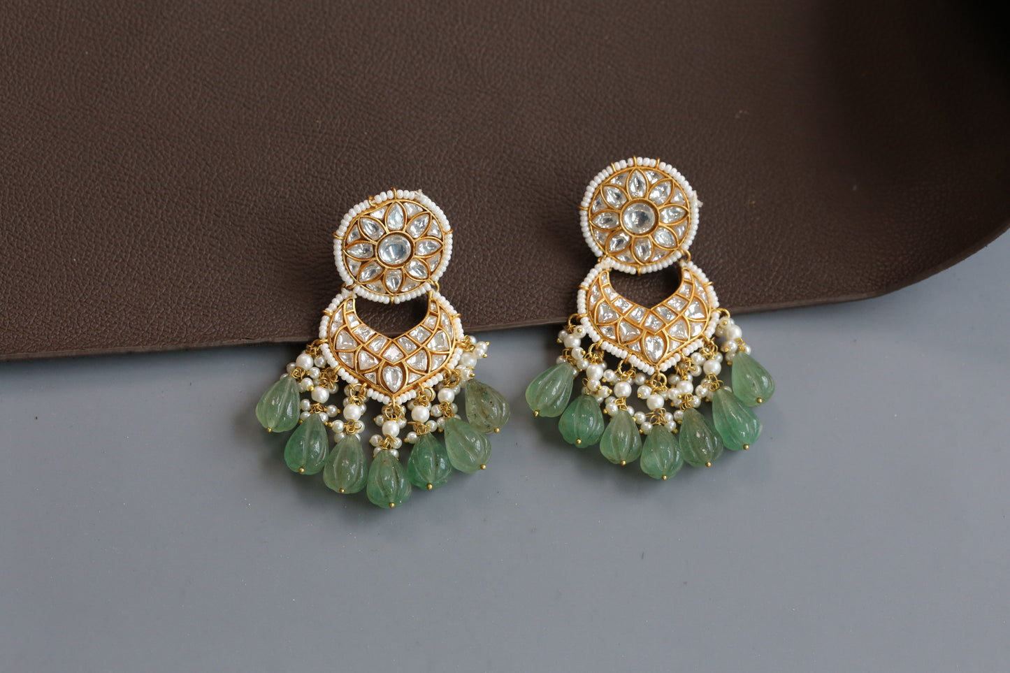 Jadau Kundan Chandbaali Earrings - Carved Strawberry Drops