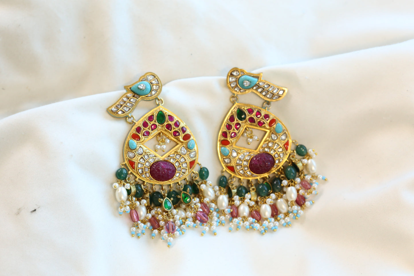 Multicolor Kundan Jadau Chandbaali Earrings