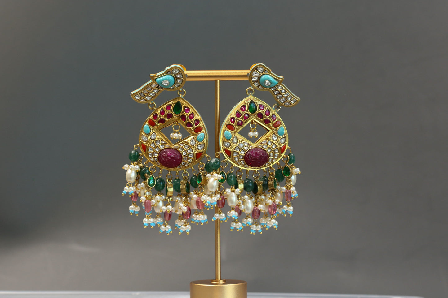 Multicolor Kundan Jadau Chandbaali Earrings