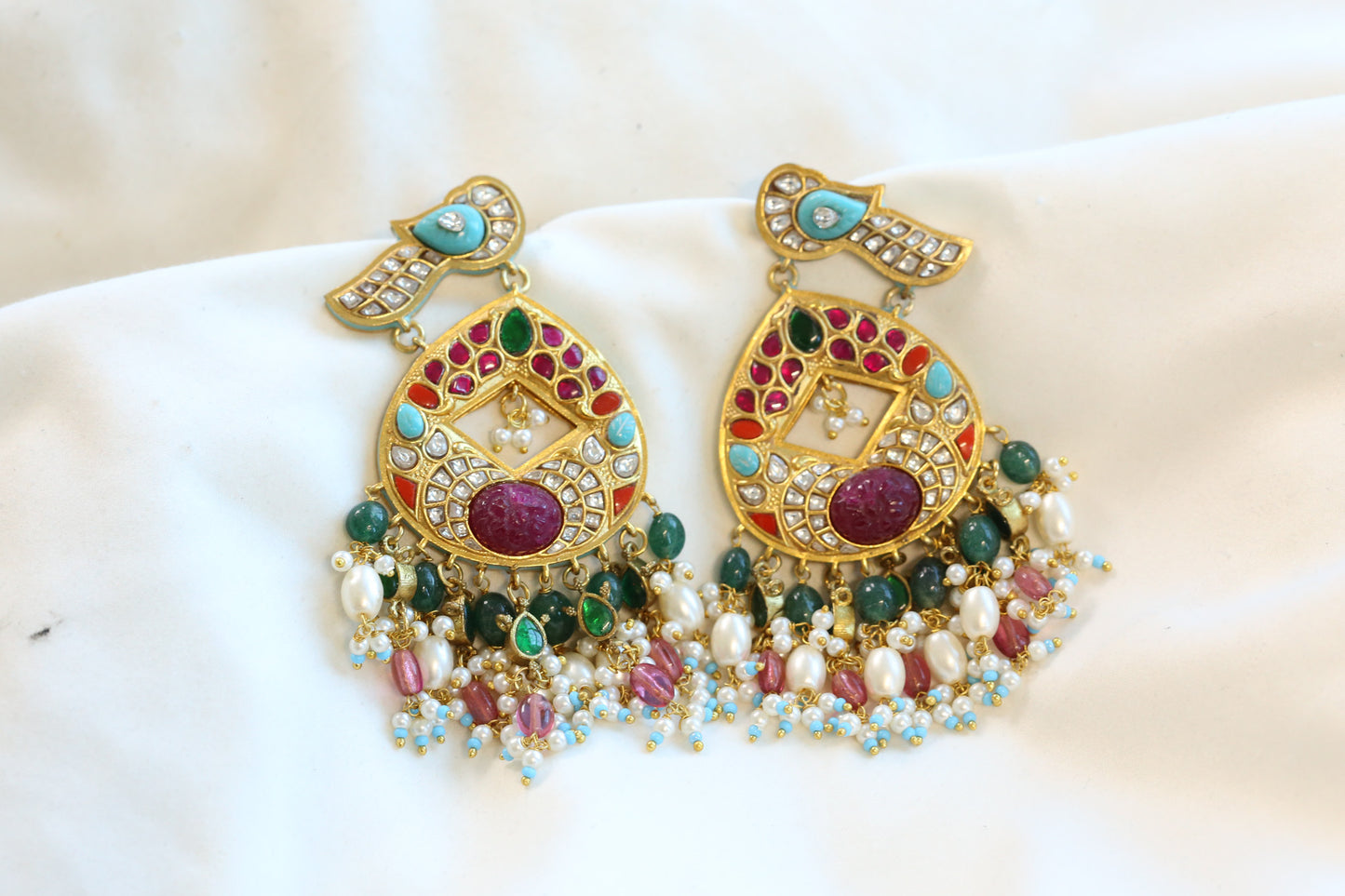 Multicolor Kundan Jadau Chandbaali Earrings