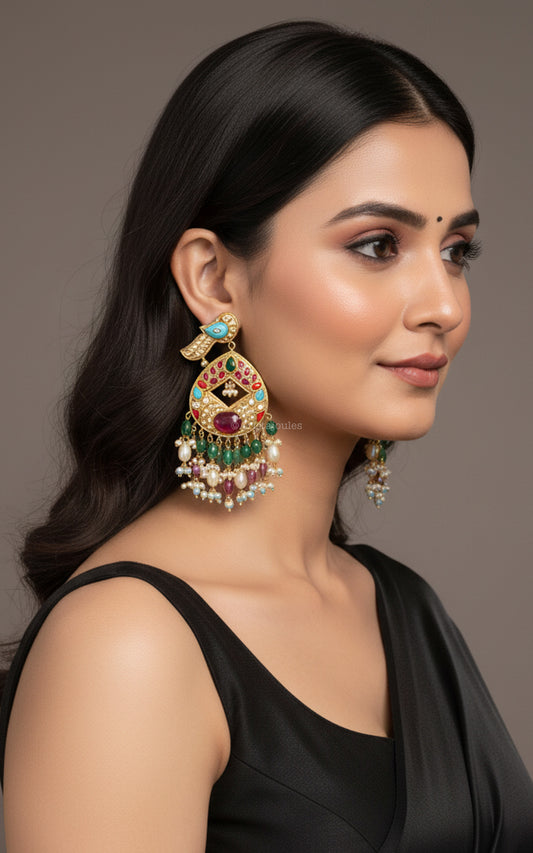 Multicolor Kundan Jadau Chandbaali Earrings
