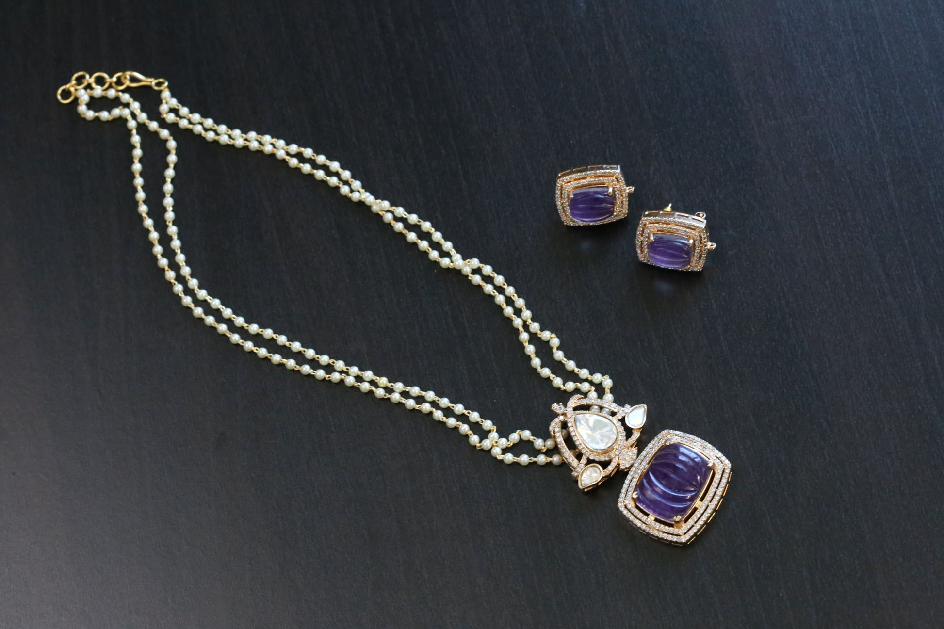 Carved Stone Polki Kundan Necklace Set - Purple