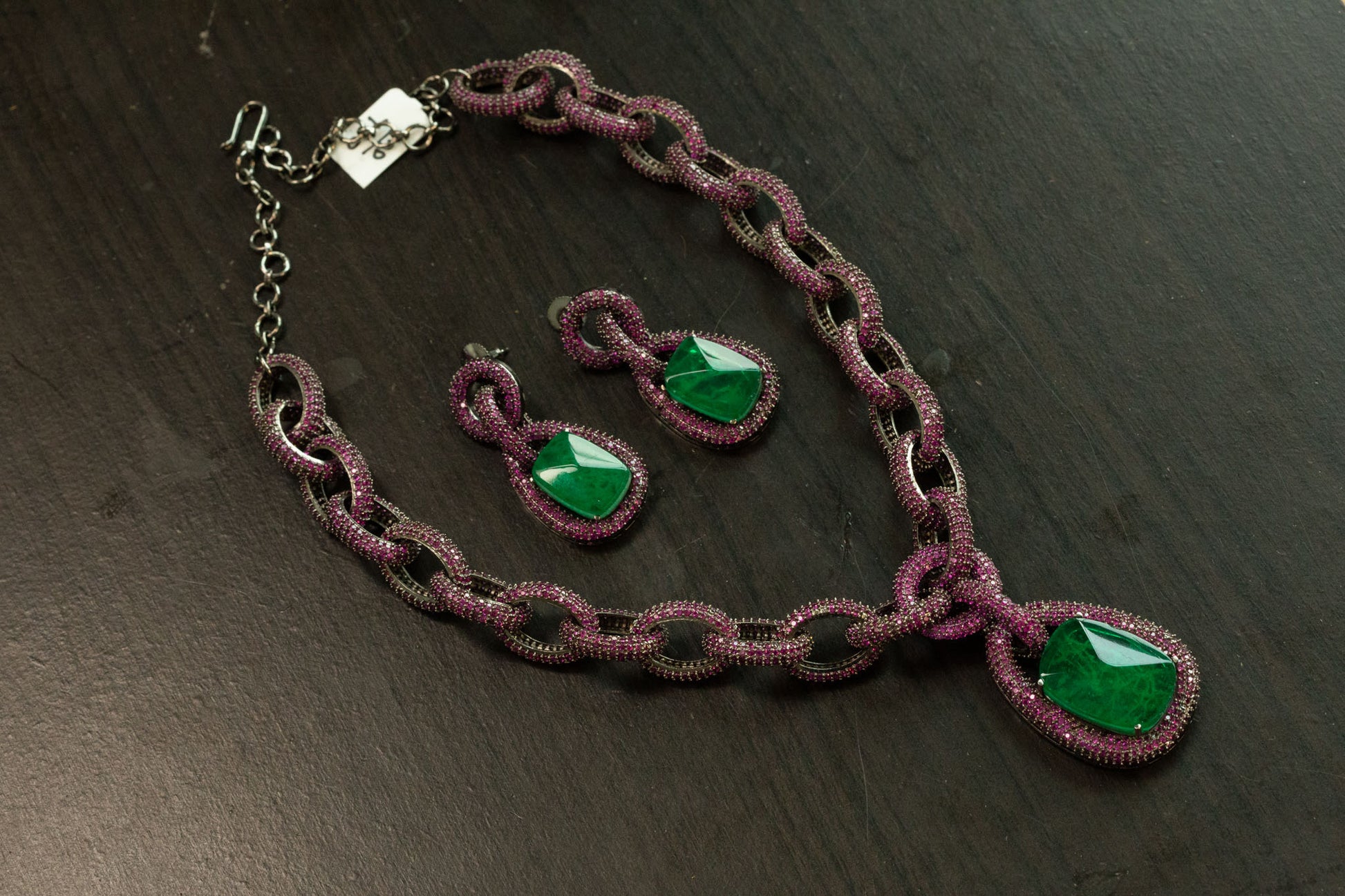 Contemporary CZ & Green Pota Doublet  Necklace Set