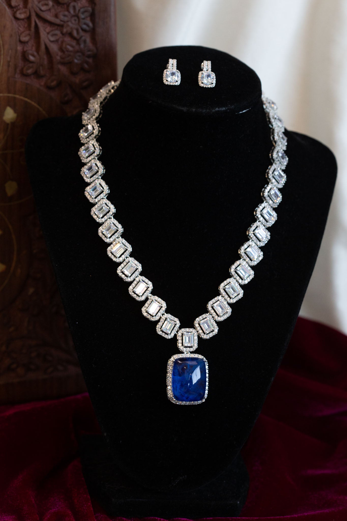 Blue Doublet Micro CZ Tiara Necklace Set