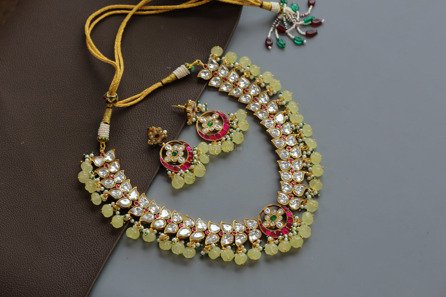 Takkar Jadau Kundan Necklace -Yellow Strawberry Quartz