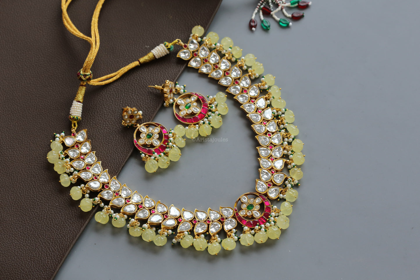 Takkar Jadau Kundan Necklace -Yellow Strawberry Quartz