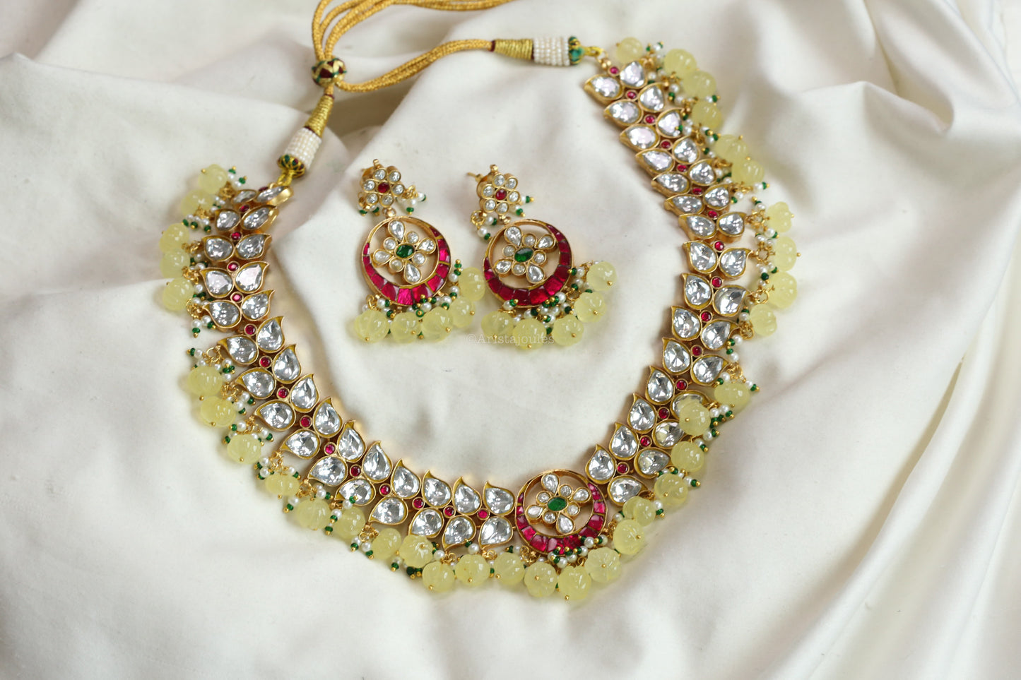 Takkar Jadau Kundan Necklace -Yellow Strawberry Quartz