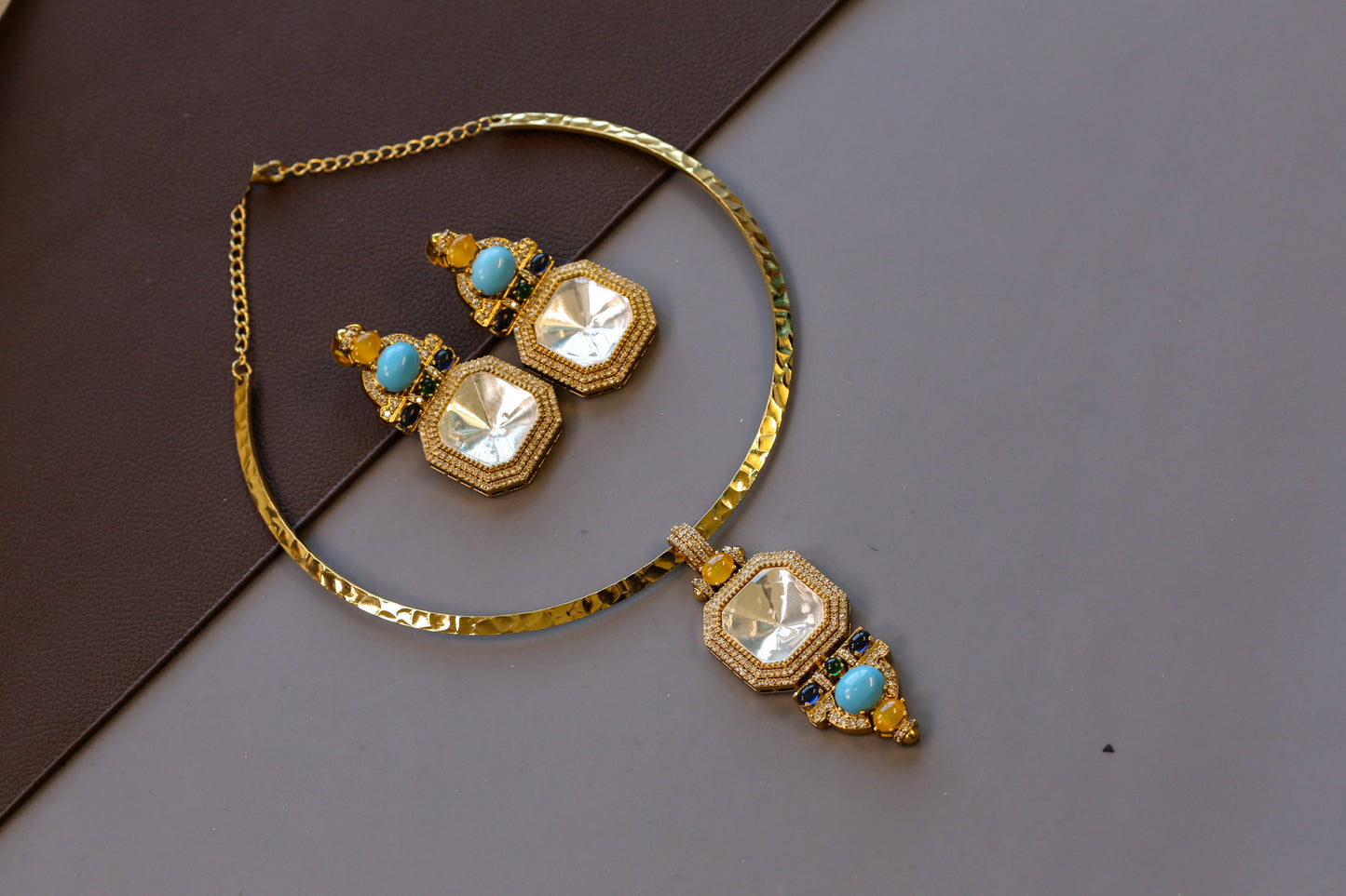 Mehnaaz Contemporary Polki & Semiprecious Stones Hasli Set - Turquoise