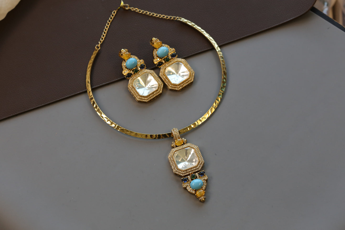 Mehnaaz Contemporary Polki & Semiprecious Stones Hasli Set - Turquoise
