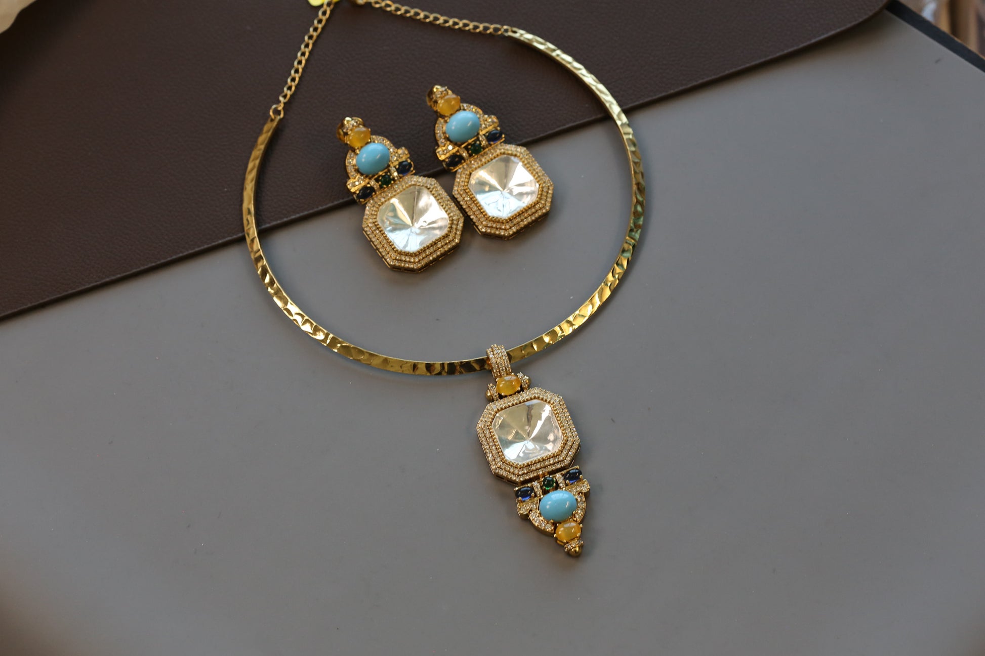 Mehnaaz Contemporary Polki & Semiprecious Stones Hasli Set - Turquoise