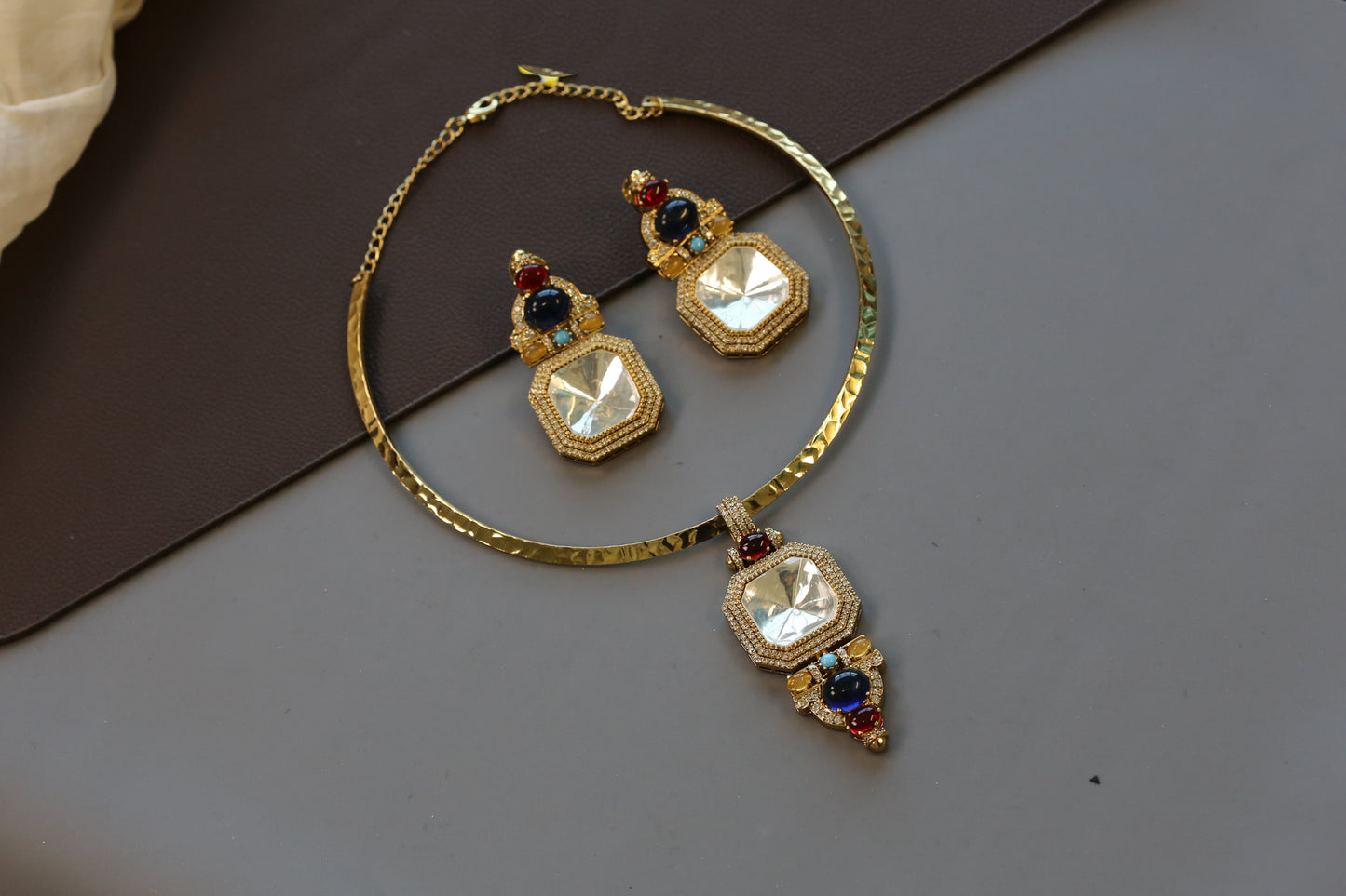 Mehnaaz Contemporary Polki & Semiprecious Stones Hasli Set - Blue
