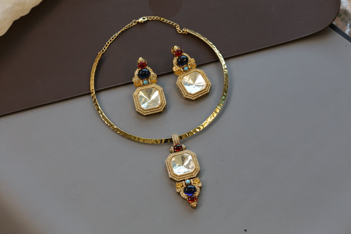 Mehnaaz Contemporary Polki & Semiprecious Stones Hasli Set - Blue
