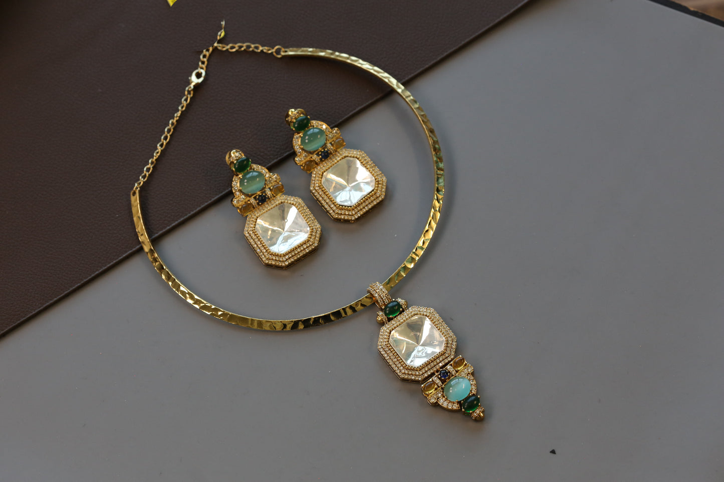 Mehnaaz Contemporary Polki & Semiprecious Stones Hasli Set - Green