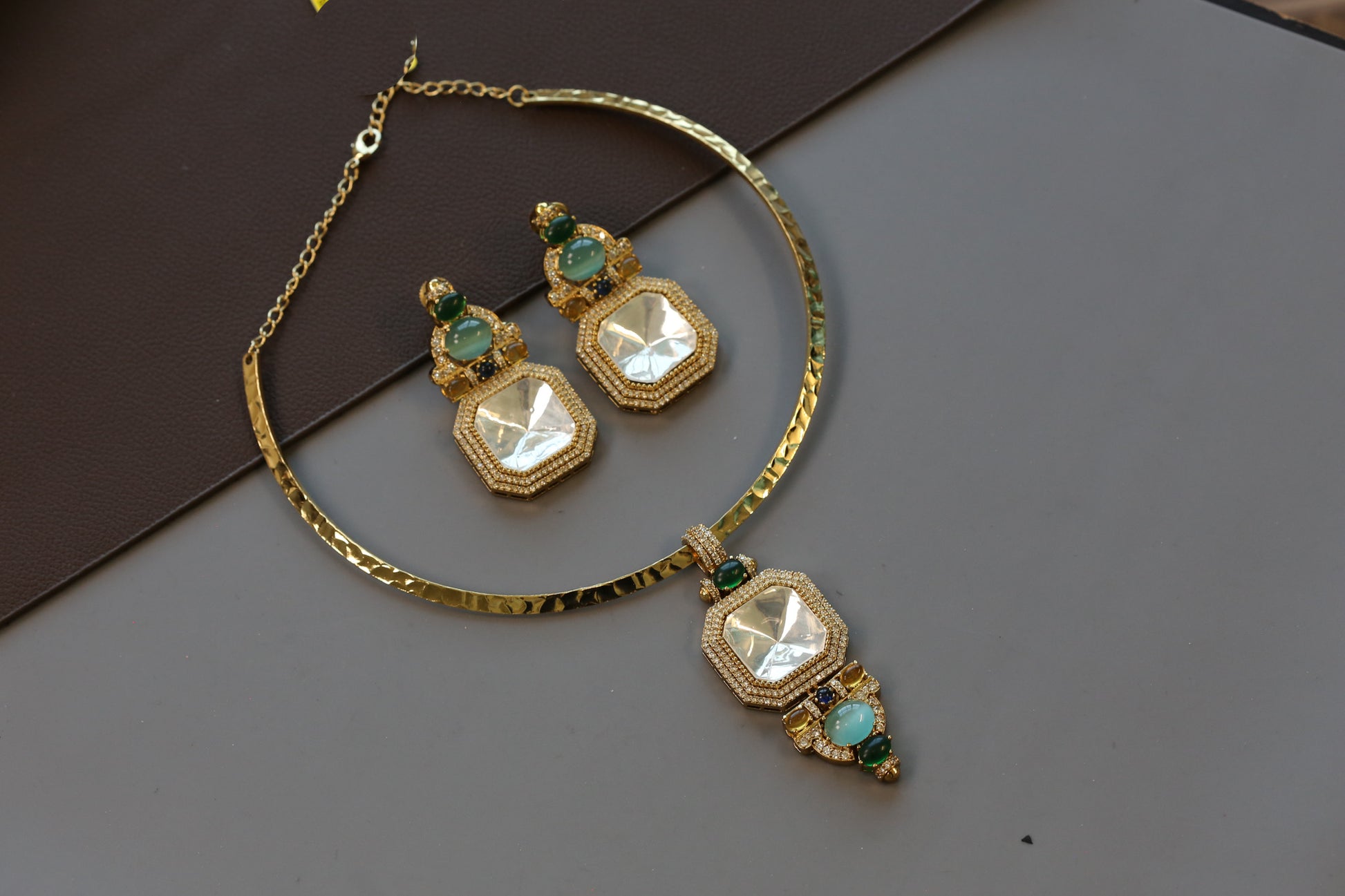Mehnaaz Contemporary Polki & Semiprecious Stones Hasli Set - Green