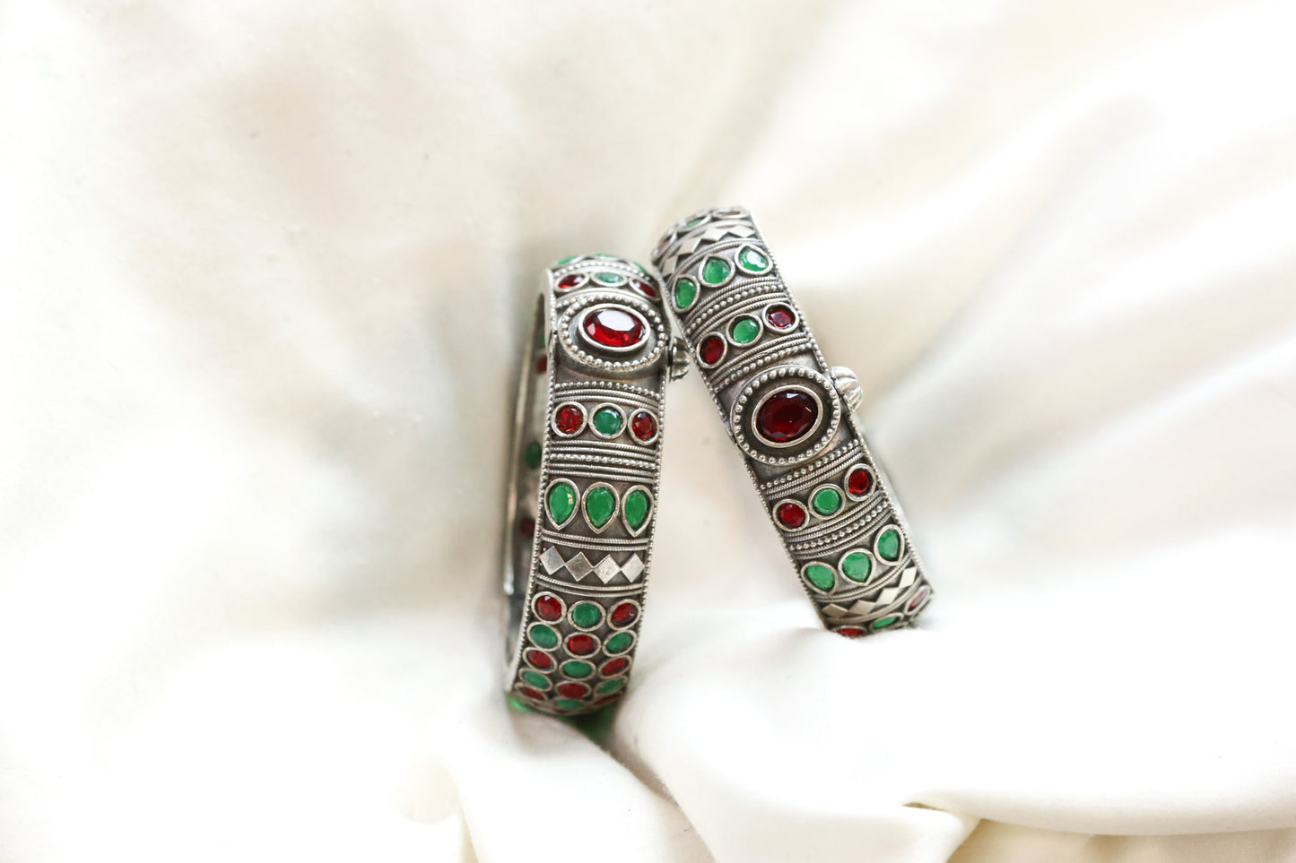 Mahi Silver Looka Alike Bangle  - Green Red