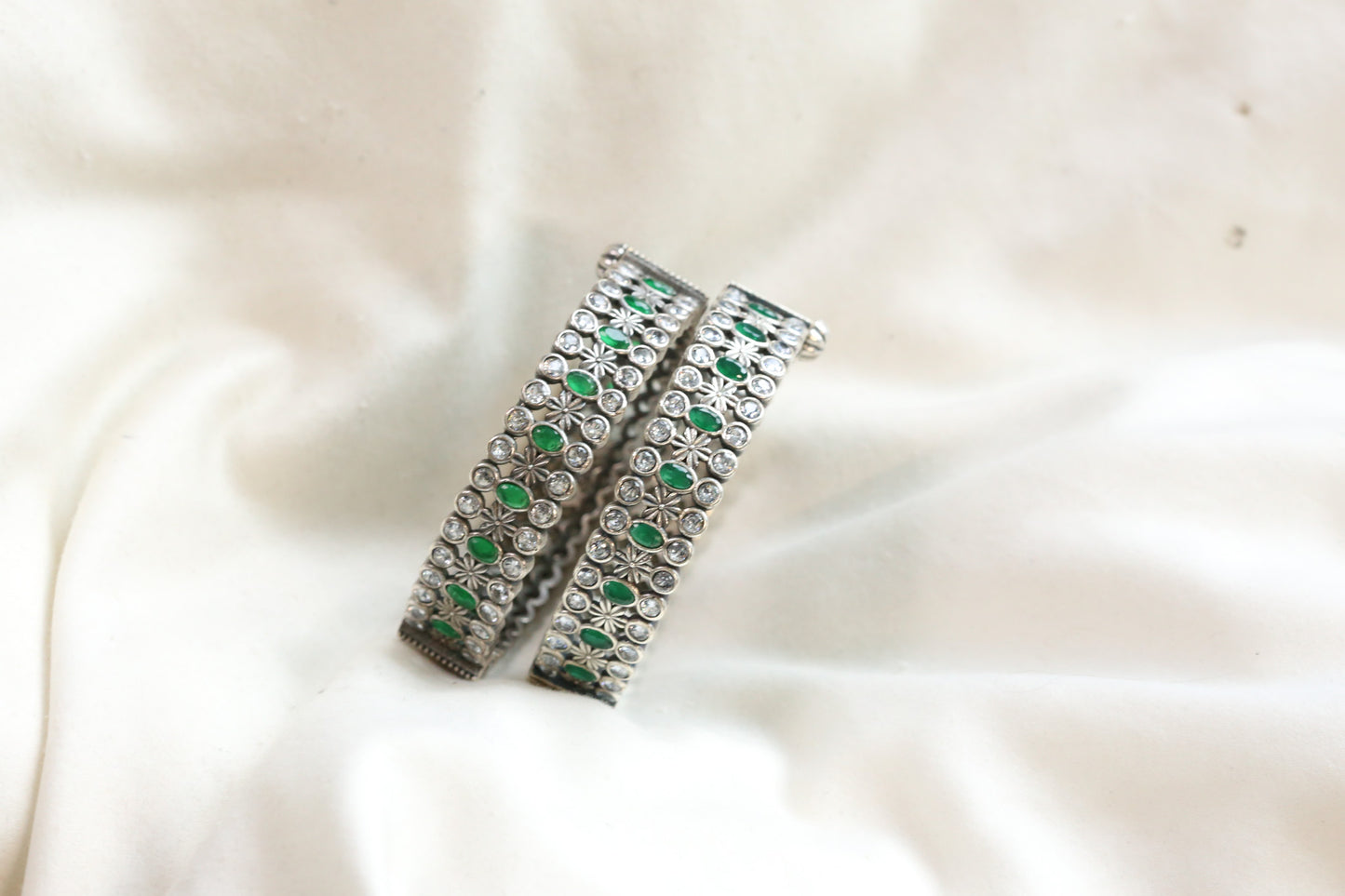 Kripa Silver Look Alike Bangle  Set -Green