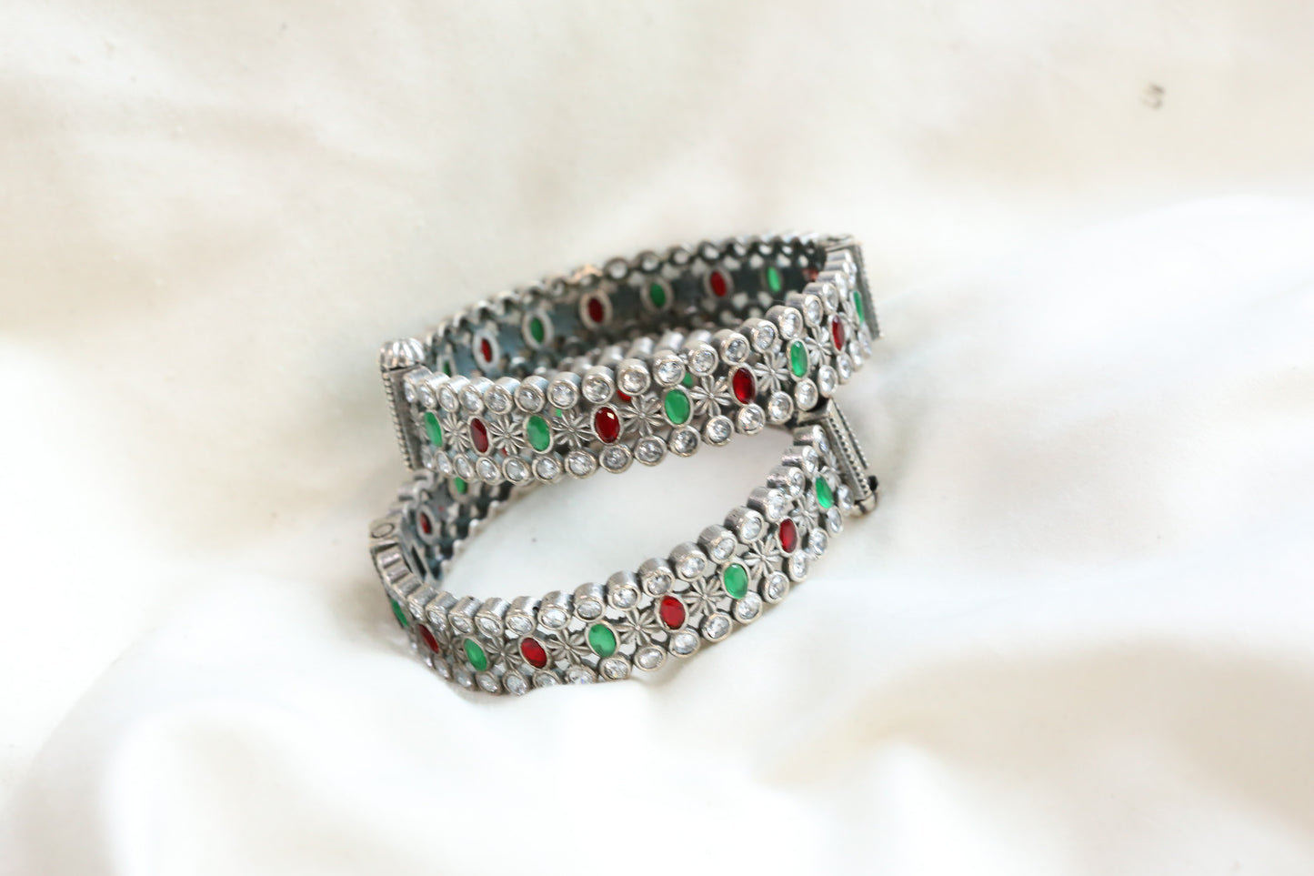 Kripa Silver Look Alike Bangle  Set -Green Red