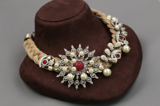 Designer Jute Thread, CZ & Baroque Pearls Necklace