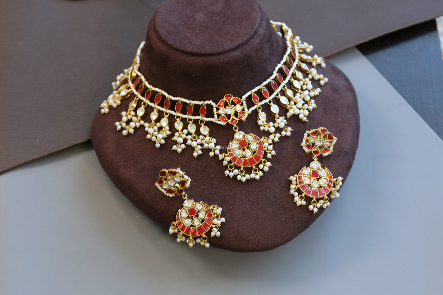 Aarzoo Handmade Jadau Kundan Necklace Set - Red