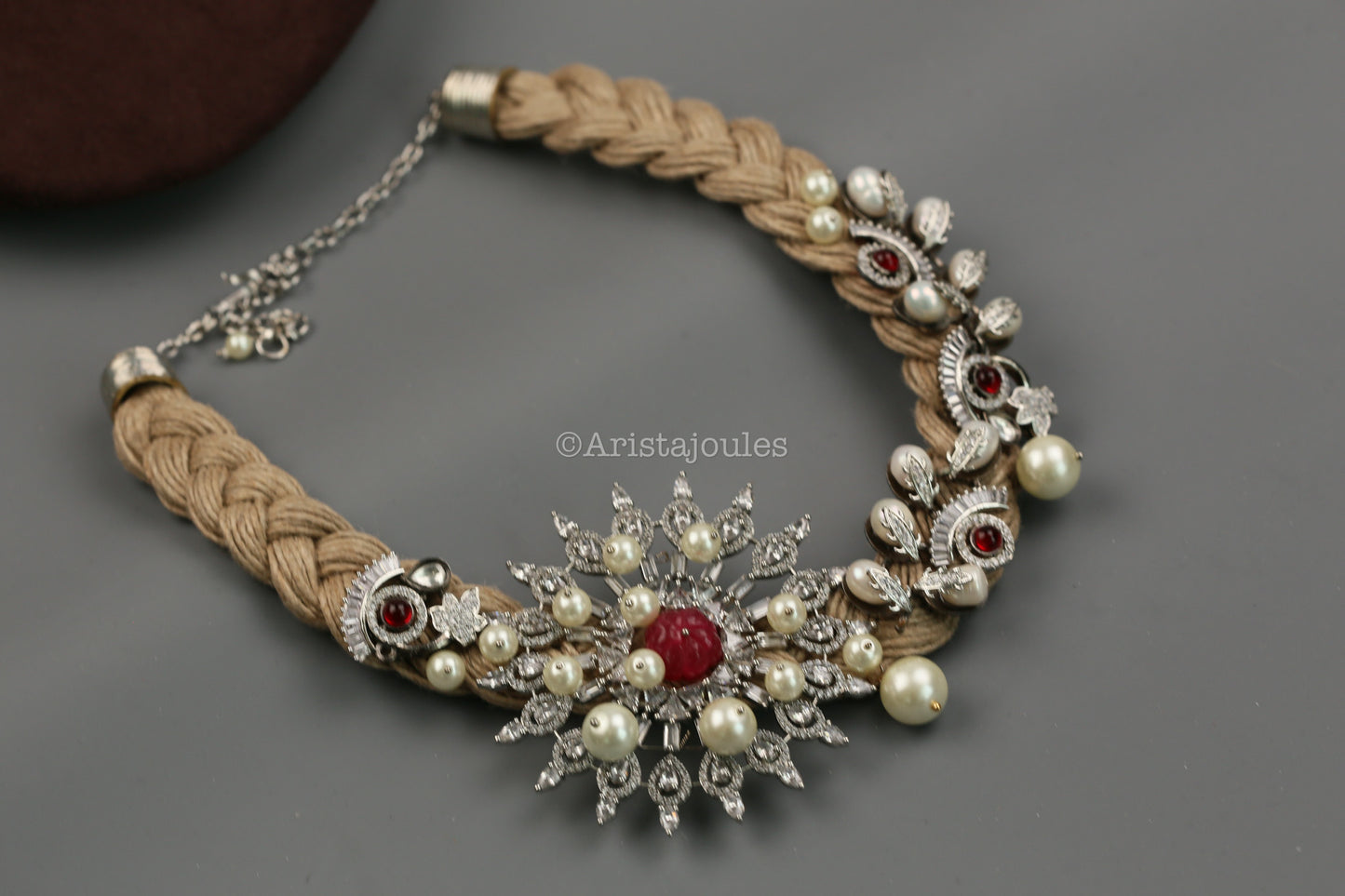 Designer Jute Thread, CZ & Baroque Pearls Necklace