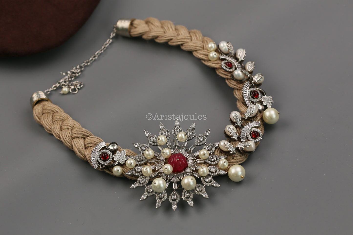 Designer Jute Thread, CZ & Baroque Pearls Necklace