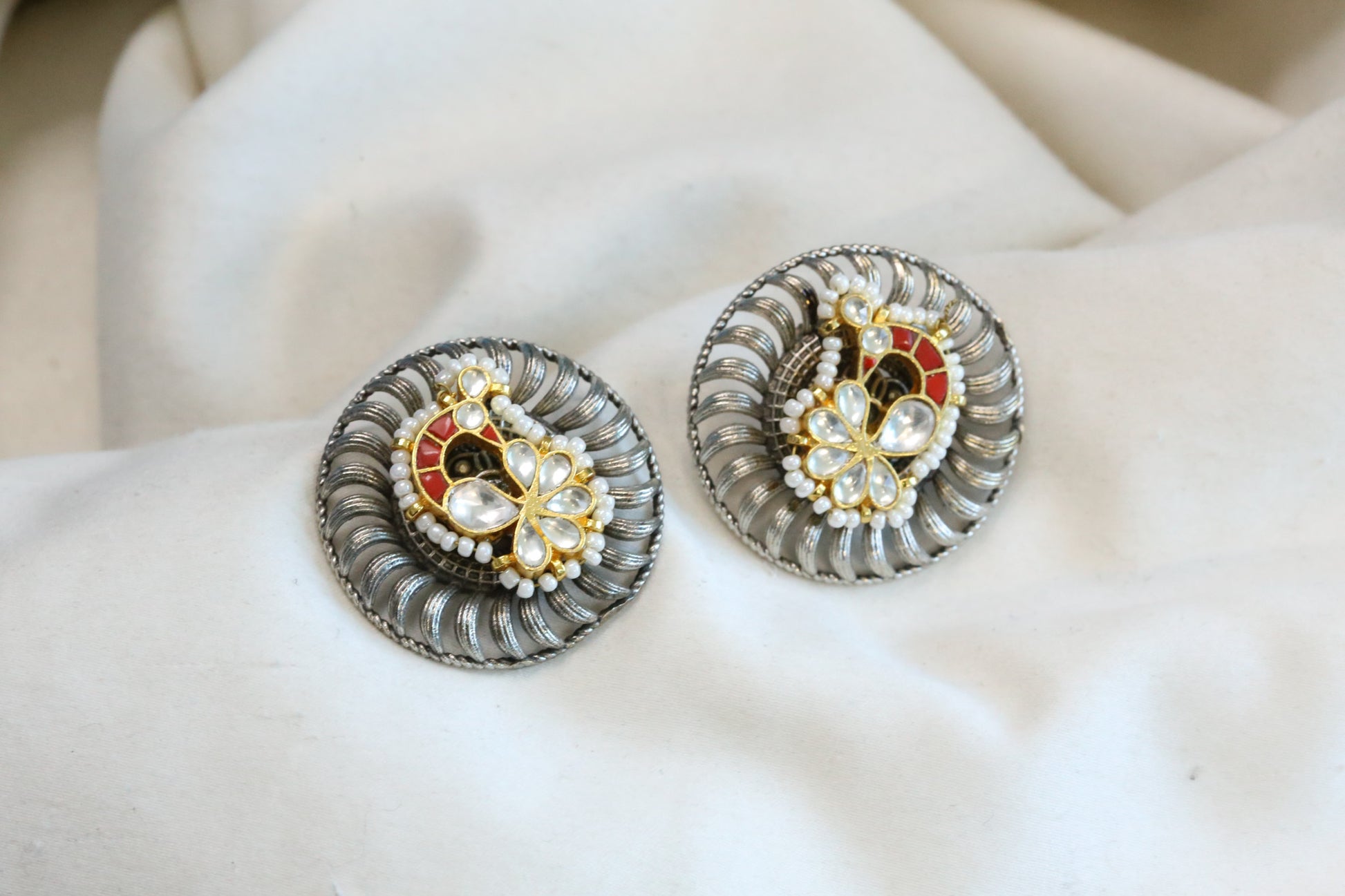 Fusion Kundan Peacock Studs - Coral