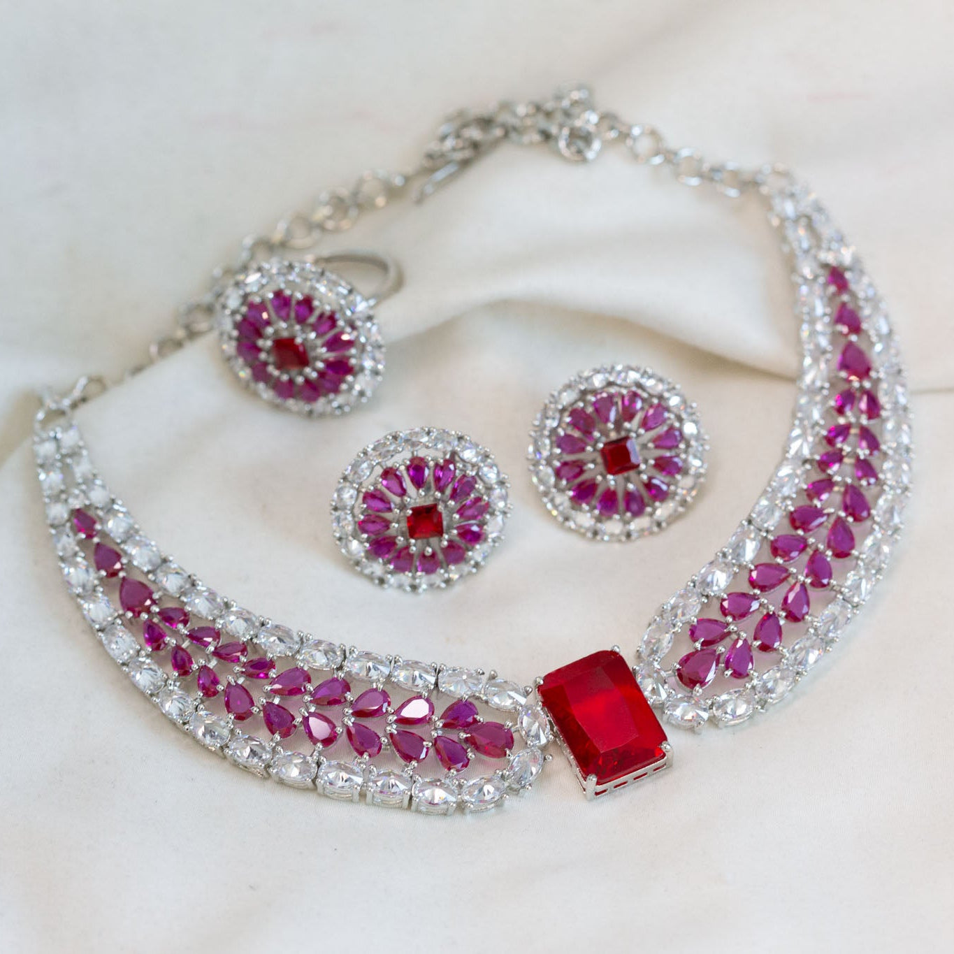 Ruby CZ Necklace, Earrings & Ring Set
