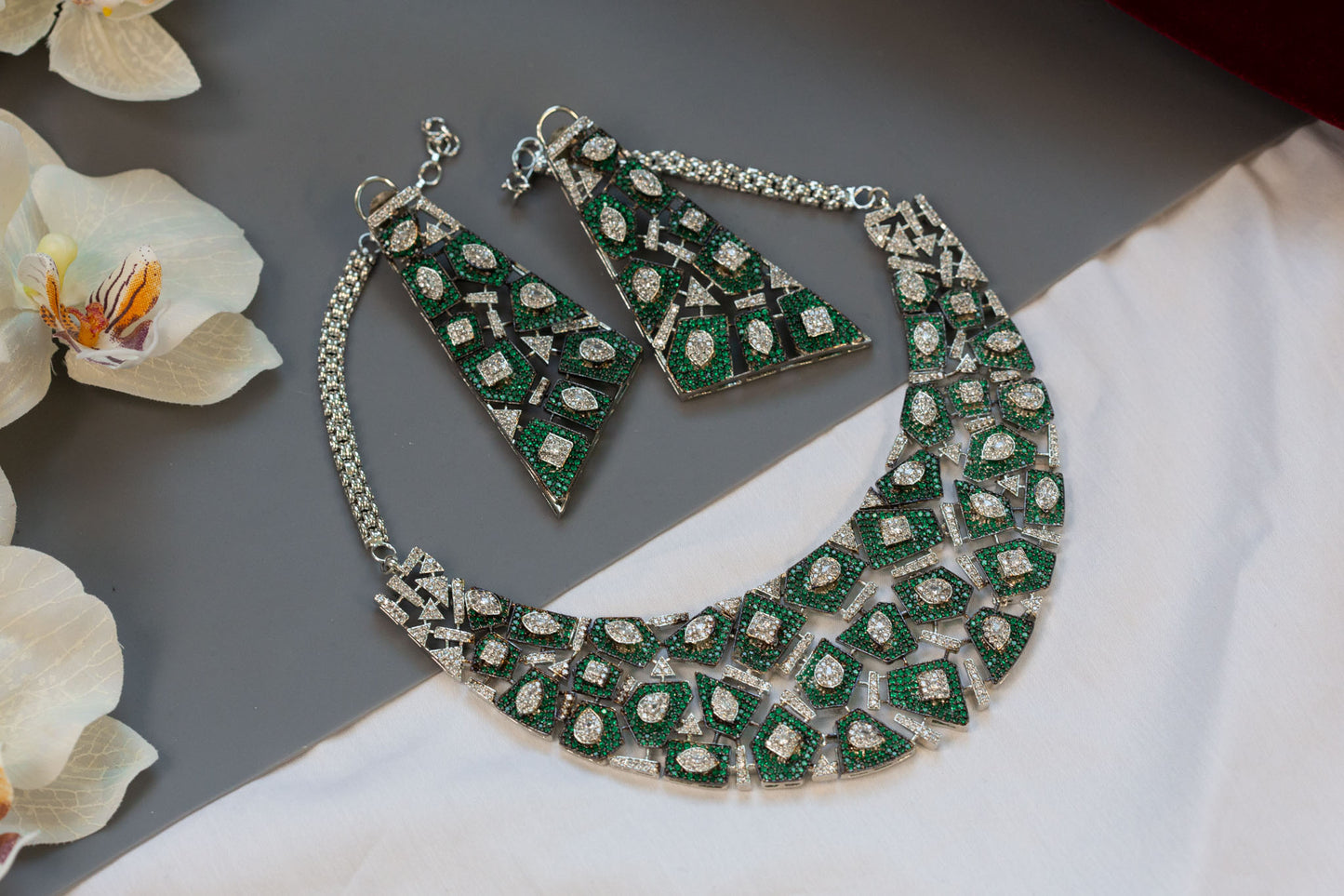 Pave Setting Micro CZ Jahaan Necklace Set - Green