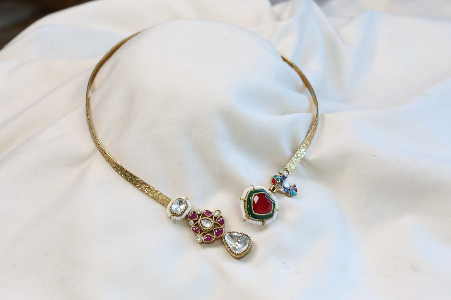 Adjustable Fusion Kundan, Doublet Hasli -Red