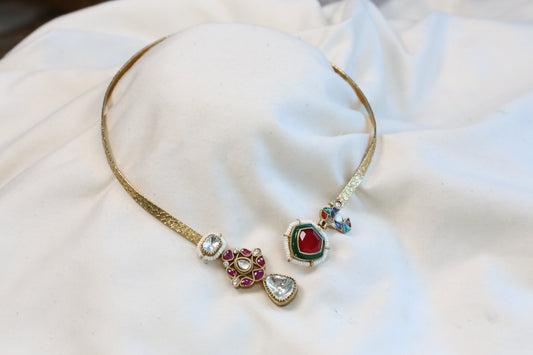 Adjustable Fusion Kundan, Doublet Hasli -Red