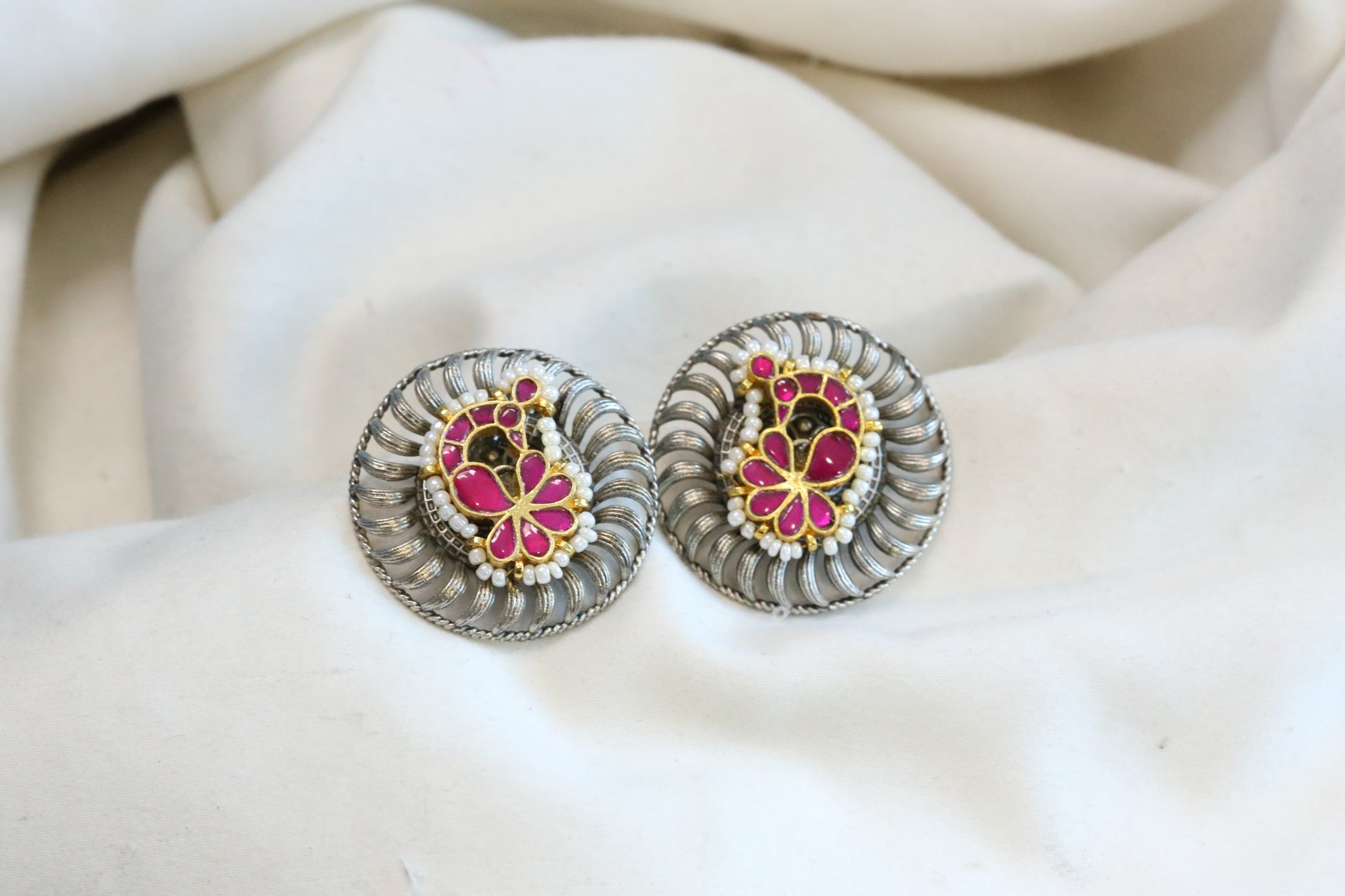Fusion Kundan Peacock Studs - Ruby