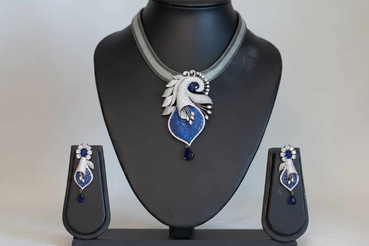 Victorian Black Polish & Micro CZ Necklace Set - Blue