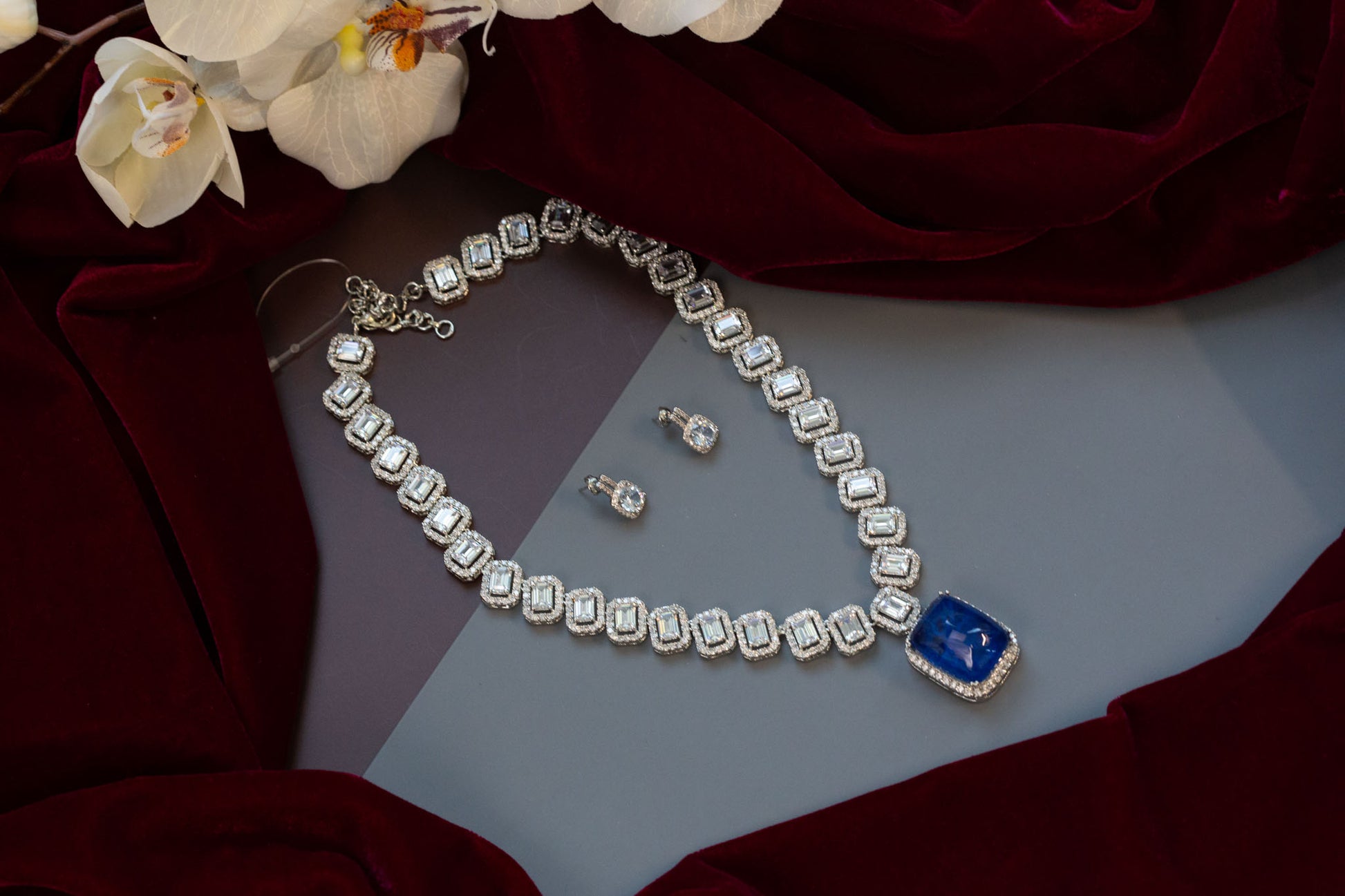 Blue Doublet Micro CZ Tiara Necklace Set