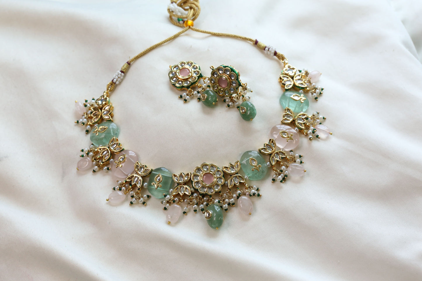 Meerut Kundan Inlay Work Necklace Set - Rose Quartz & Fluorite