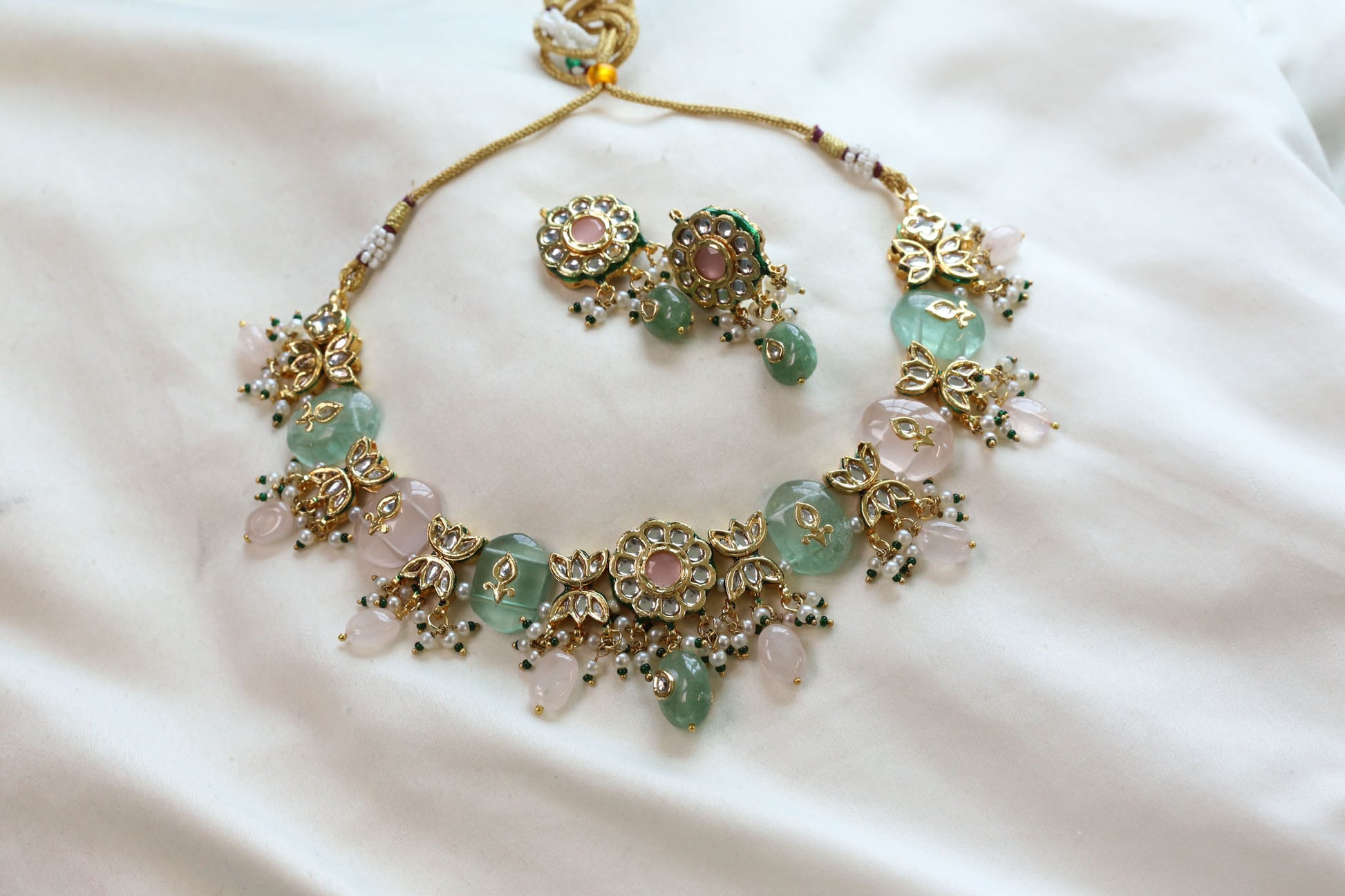 Meerut Kundan Inlay Work Necklace Set - Rose Quartz & Fluorite