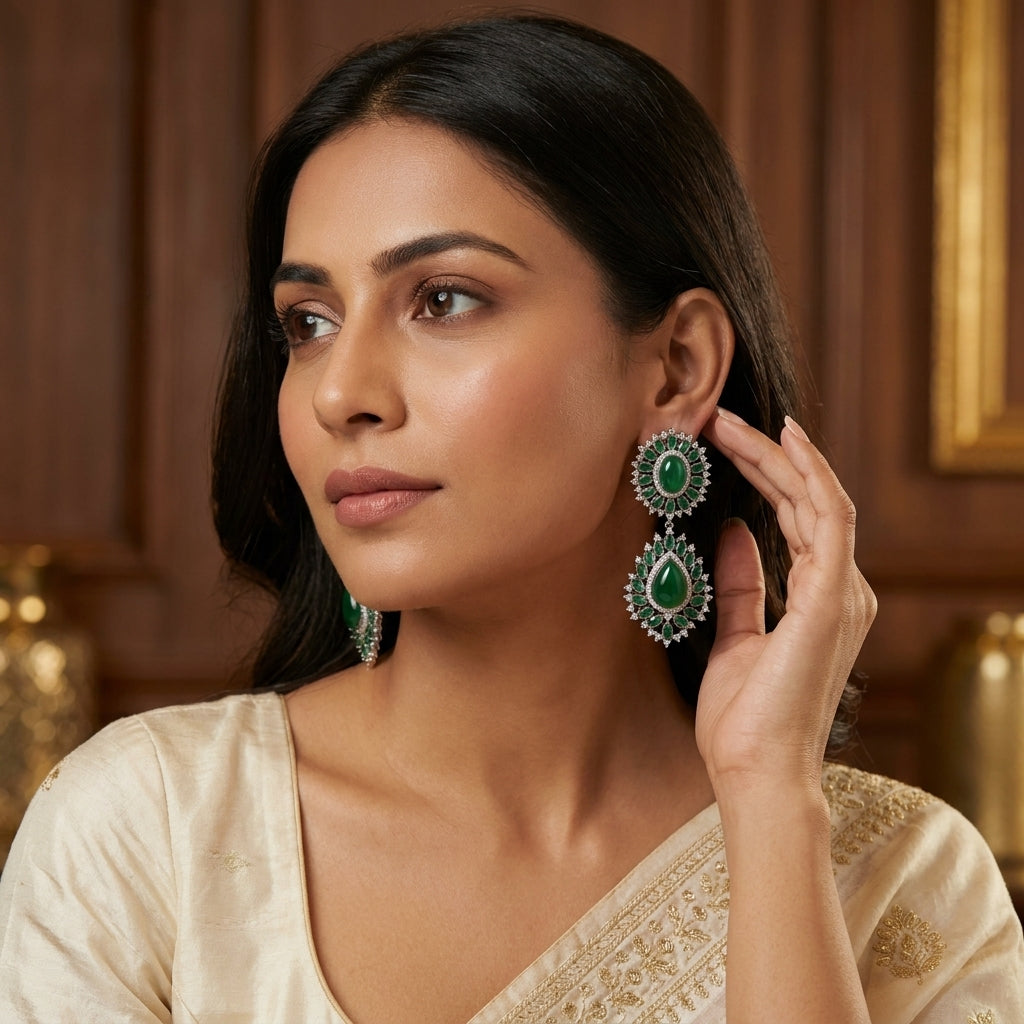 Designer CZ & Green Pota Doublet Earrings